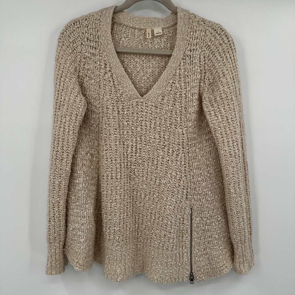 Moth Anthropologie Beige Wool Alpaca Blend Chunky Knit Side Zip V-Neck Sweater S